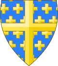 Azur, semy of crosslets Or, a cross of the second, attributed to the Hauteville family, as reported by Gilles-André de la Rocque