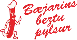 The logo of Bæjarins Beztu Pylsur, featuring an anthropomorphic sausage and stylised red text reading the company name.