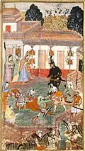 Babur in armour, witnessing Muhammed Husain Mirza entangled in bedding, having run into Khanini's bedding room, in April or early May, 1507.[4]