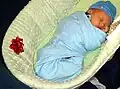 Swaddled infant sleeping in a Moses basket. The infant is on his back as per safe sleep recommendations.