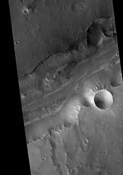 Bahram Vallis, as seen by HiRISE. Rotational landslides (slumps) are visible at the base of north wall.