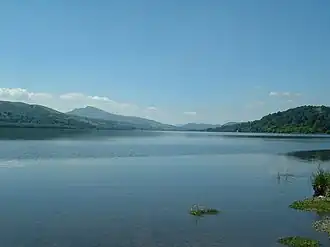 A large lake surrounded by hills