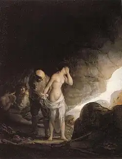 A bandit undressing a crying woman inside a cave. Another woman is being raped in the background.