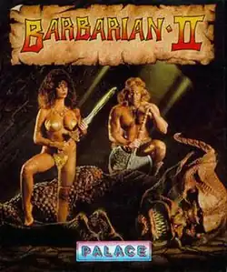 A large, scaly, horned creature lies fallen on a cracked floor. A busty woman, wearing a metallic bikini and brandishing a sword, stands on its arm. A man, wearing a loincloth, squats astride the corpse while leaning on his battle axe. The words "Barbarian II" are emblazoned at the top in a banner.