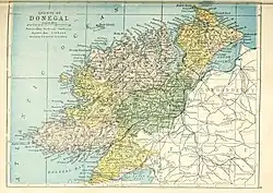 Barony map of County Donegal, 1900; Tirhugh is in the south, coloured yellow.