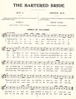 A page of sheet music shows a melody under the headings "THE BARTERED BRIDE", "ACT I.", "SCENE I.", and "CHORUS OF VILLAGERS".