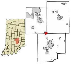 Location of Edinburgh in Bartholomew County and Johnson County and Shelby County, Indiana.