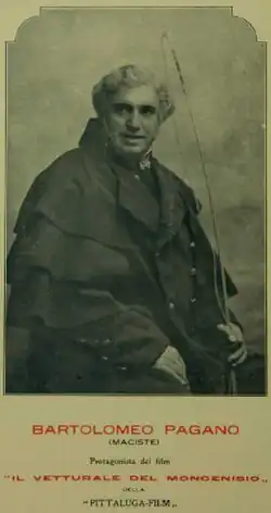 Poster with a photograph of Bartolomeo Pagano and text in Italian saying that he acts in this film