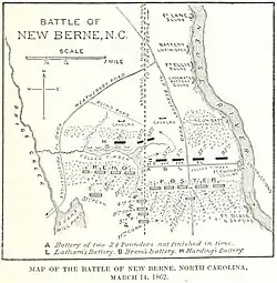 Map based on one prepared for General Branch, showing his defensive lines. New Bern is off the map at the top; the Federal advance is from the bottom of the map. The Neuse River flows from top to bottom on the right; the left is limited by Bryce Creek, roughly parallel to the river. The Beaufort–New Bern railroad bisects the image vertically. The defense on the right is a straight line from the river to the railroad, about 3/4 of the distance from the top. From the railroad to Bryce Creek, the line of defense follows another small creek. The right and left halves of the defensive line are offset at the railroad. The land is covered by woods except immediately in front of the lines, where the timber has been felled.