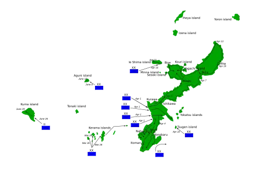 Map of a crescent-shaped island, with plans for four American divisions to land on its western shore