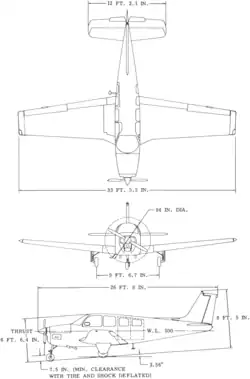 3-view line drawing of the Beechcraft A36 Bonanza