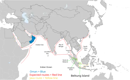Map of the Middle East, Northeast Africa, and Asia with red lines from China past Vietnam, around India, into Oman, and extending to North Africa