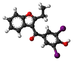 Ball-and-stick model of the benziodarone molecule