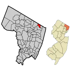 Location of Northvale in Bergen County highlighted in red (left). Inset map: Location of Bergen County in New Jersey highlighted in orange (right).