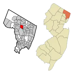 Location of Washington Township in Bergen County highlighted in red (left). Inset map: Location of Bergen County in New Jersey highlighted in orange (right).