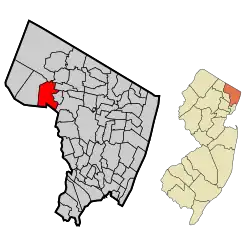 Location of Wyckoff in Bergen County highlighted in red (left). Inset map: Location of Bergen County in New Jersey highlighted in orange (right).
