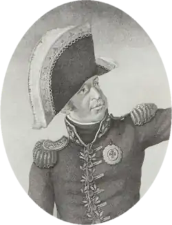 Black and white print shows a heavy-jowled man wearing a dark military uniform and a large bicorne hat.