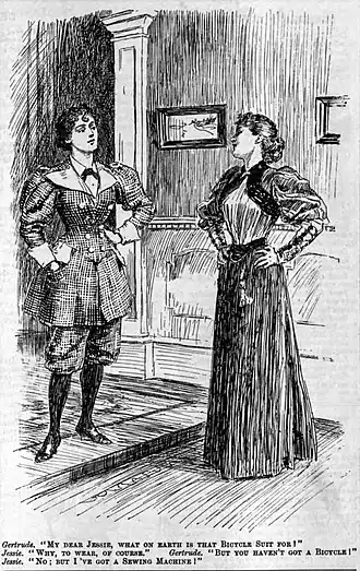 Image 141895 Punch cartoon.Gertrude: "My dear Jessie, what on earth is that Bicycle Suit for?" Jessie: "Why, to wear, of course." Gertrude: "But you haven't got a Bicycle!" Jessie: "No; but I've got a Sewing Machine!" (from History of clothing and textiles)