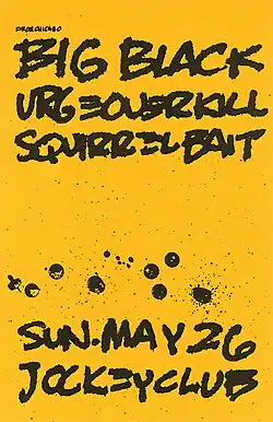 Flyer on letter-sized paper with spray-painted black text over a yellow background.