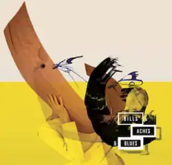 A photograph of a person, in yellow, holding a large, curved piece of wood that obscures their face, with various abstract ink drawings layered on top, and the album name over that split into three stacked white rectangles. The background is split into two plain rectangular halves, the top colored oldlace and the bottom the same yellow as the person.