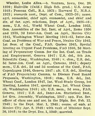 Biographic sketch of Leslie A. Wheeler from the 1950 Biographic Register of the U.S. Department of State, page 539.