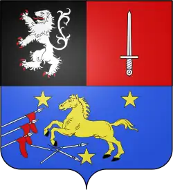 A color graphic rendering of a family crest. At top left is a white standing lion on a black background. At top right is a white sword outline on a red background. On the bottom is a yellow horse with three stairs around it breaking two spears and charging at three more, depicted on a blue background.