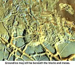 Blocks in Aram showing possible source of water, as seen by THEMIS. Image in Oxia Palus quadrangle.