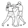 Boxer B uses a bolo punch as an effective counterpunch to a left jab from Boxer A.