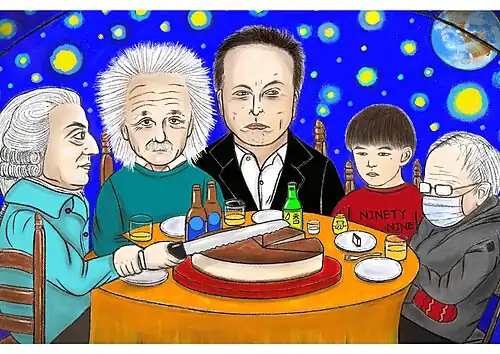 Five explorers on Mars sharing a cake according to contribution, need, and preference