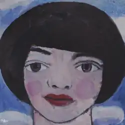 A painting of the face of a woman with a black bob haircut.