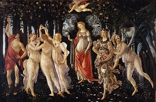 Primavera; by Sandro Botticelli; c. 1478; tempera on panel; 2 x 3.1 m; Uffizi Gallery (Florence)[155]