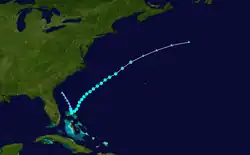 Storm track of a tropical storm that formed east of Florida and moved northeast out to sea