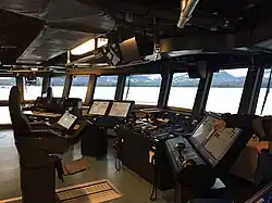 The interior of the bridge of the research vessel Sikuliaq, docked at Ketchikan, Alaska