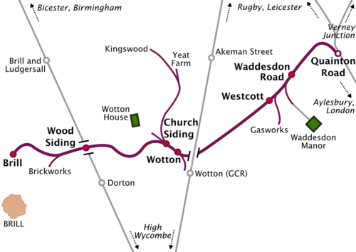 Map of a railway line running roughly south-west to north-east. Long sidings run off the railway line at various places. Two other north–south railway lines cross the line, but do not connect with it. At the north-eastern terminus of the line, marked "Quainton Road", the line meets three other lines running to Rugby & Leicester, Verney Junction, and Aylesbury & London respectively. The south-western terminus, marked "Brill", is some distance north of the town of Brill, which is the only town on the map. A station on one of the other lines, marked "Brill and Ludgersall", is even further from the town of Brill.