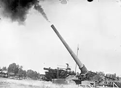 16-inch Navy MkIIMI gun (possibly MkIIIMI) firing from a US Army coast defense mount, 1931. The weapon behind it is on a disappearing carriage.