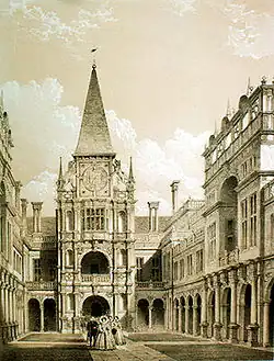 The courtyard of Burghley House, as drawn by Joseph Nash in the 19th century, but with figures in Elizabethan costume