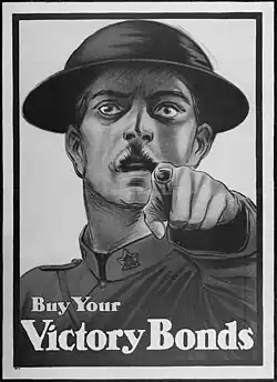 World War I Canadian bond sale poster, c. 1917–1918, derivative of Flagg's Uncle Sam poster, itself derivative of Lord Kitchener[55]