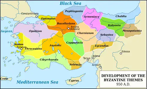 A map centred on Turkey. From west to east and north to south with the corresponding colours in brackets; are the themes of Opsikion (light purple), Samos (dark grey), Thracesians (light grey), Cibyrrhaeots (light green), Optimatoi (dark grey), Anatolic and Seleucia (brown), Bucellarians (orange), Paphlagonia (navy blue), Cappadocia (green), Charsianon (pink), Armeniacs (purple), Lycandus and Mesopotamia (brown), Sebastea (blue), Koloneia (dark green) and Chaldia (light blue). On the map are marked the major rivers; the Aegean, Black and Mediterranean Seas; the cities of Ephesos, Constantinople, Ancyra, Tarsus, Adana, Antioch and Edessa; and the islands of Crete and Cyprus.