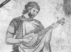 Byzantine pandura, 6th-century AD depiction on mosaic in the Great Palace in Constantinople.[44] The instrument has three strings and is being played with a plectrum.