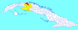 Cárdenas municipality (red) within Matanzas Province (yellow) and Cuba