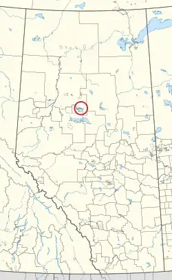 A map of the province of Alberta showing 80 counties and 145 small Indian reserves. One is highlighted with a red circle.
