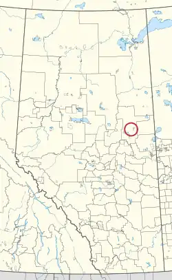 A map of the province of Alberta showing 80 counties and 145 small Indian reserves. One is highlighted with a red circle.