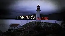 The words "Harper's Island" are separated by a lighthouse. The word "Harper's" is in white, and "Island" is blood red.