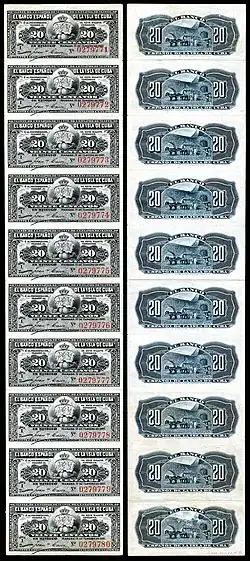 Uncut strip of 20 centavos notes