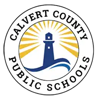 Circular logo with a blue lighthouse with waves underneath and yellow rays on the top all encircled by text reading "Calvert County Public Schools"