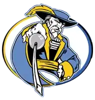 Blue and gold circular logo with a Cavalier wearing a cummerbund, lapels, cuffs, cape, and a hat with a feather while point a sword at the viewer