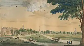 Cambridge Common, c. 1808–9, with Harvard College at left and Christ Church at right