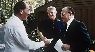 The then presidents Anwar Sadat, Jimmy Carter and Prime Minister Menachem Begin (left to right) at Camp David (USA) in Sept. 1978