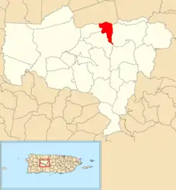 Location of Caníaco within the municipality of Utuado shown in red