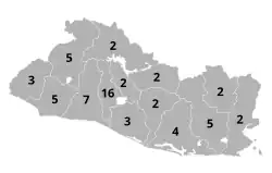 A map of El Salvador showing the number of deputies assigned to each department